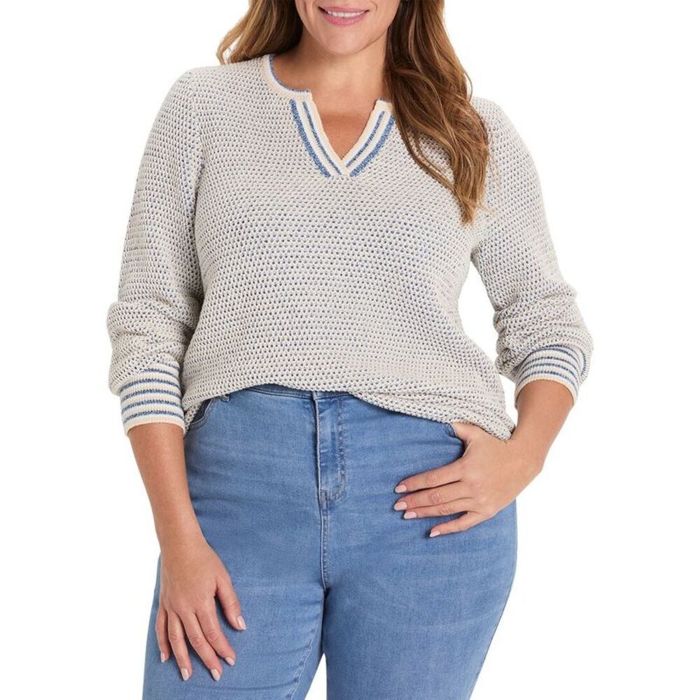 Nic+Zoe Womens Plus Tuck Texture Split Neck Sweater